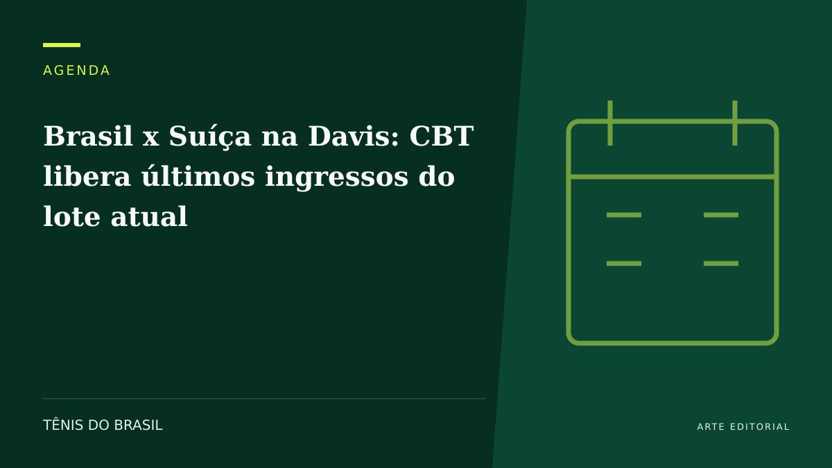 ARTE EDITORIAL — Brasil x Suíça na Davis: CBT libera últimos ingressos do lote atual